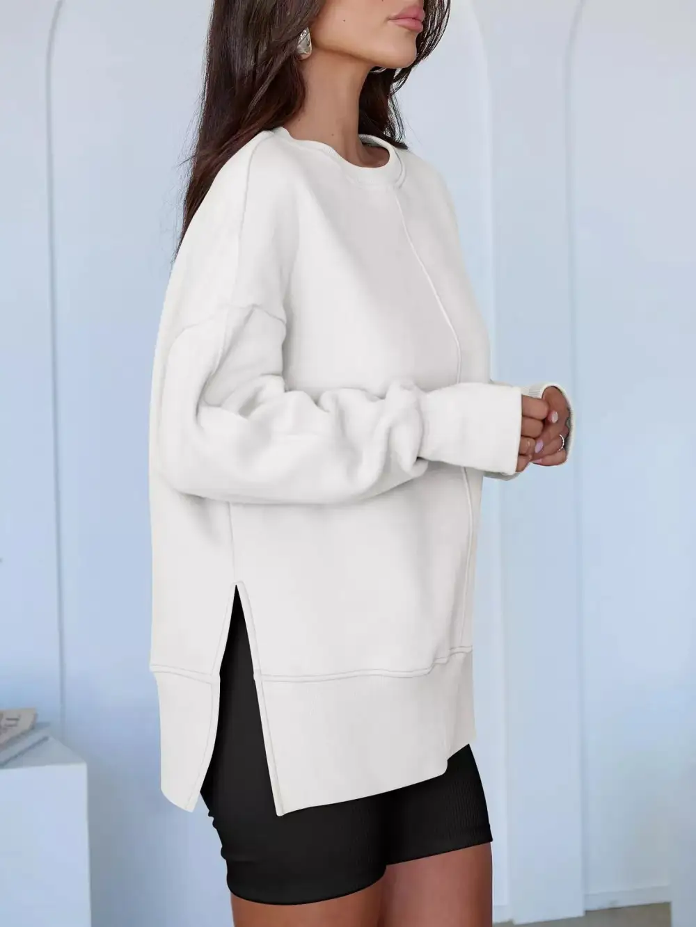 Side Slit Round Neck Long Sleeve Sweatshirt