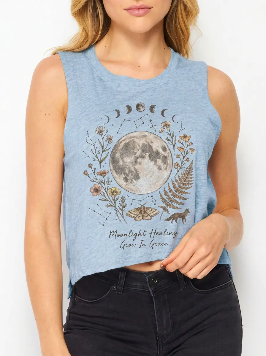 Women's Celestial Moon Floral Moth Printed Crop Tank Top