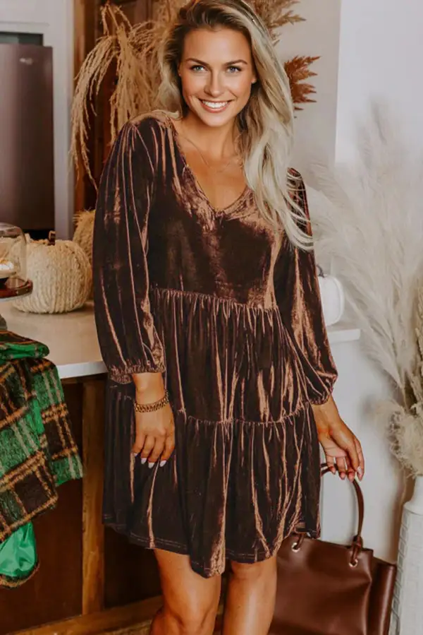 Chicory Solid Color Velvet V Neck Long Sleeve Tiered Mini Dress