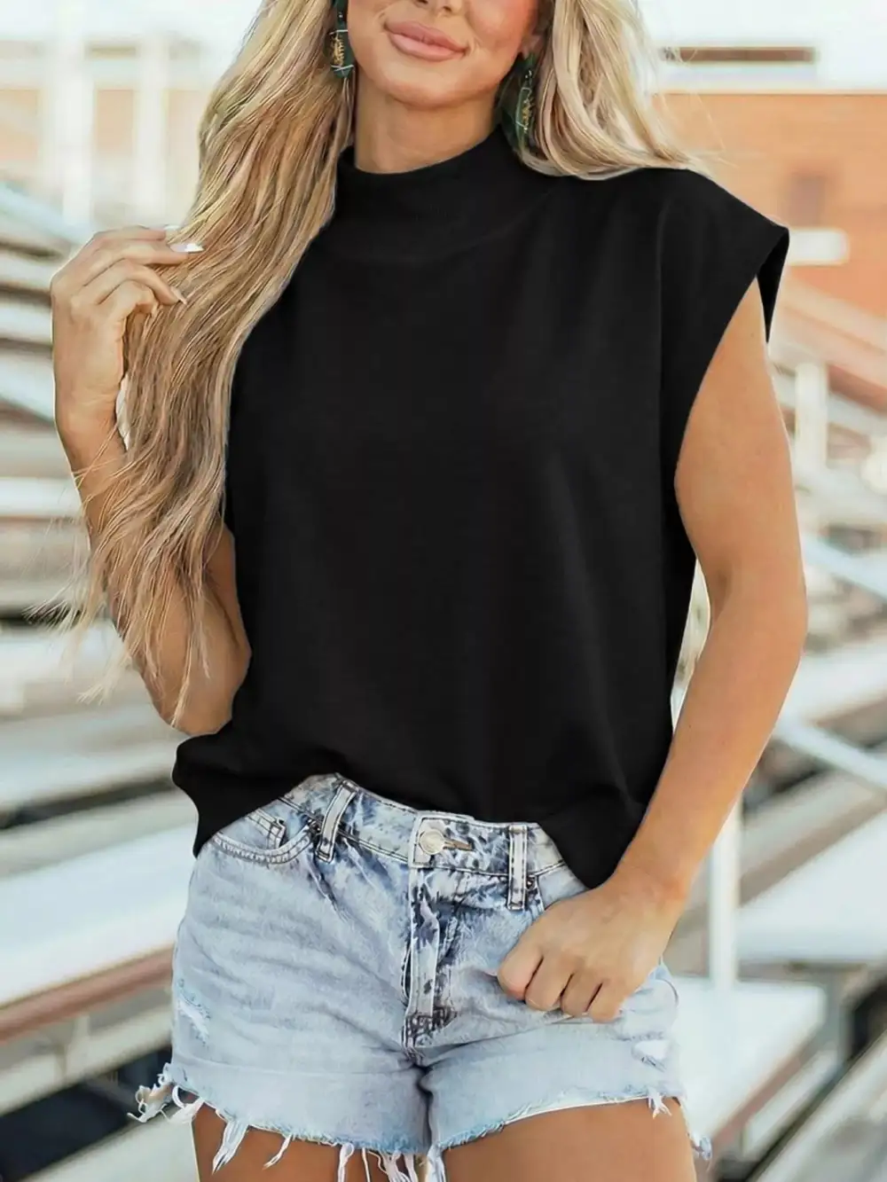 Mock Neck Cap Sleeve Blouse
