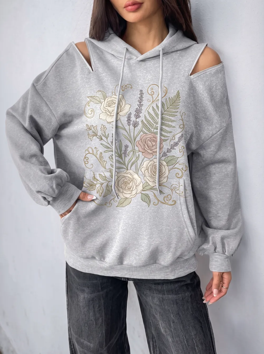 Women's Floral Botanical Art Cold Shoulder Printed Hoodie