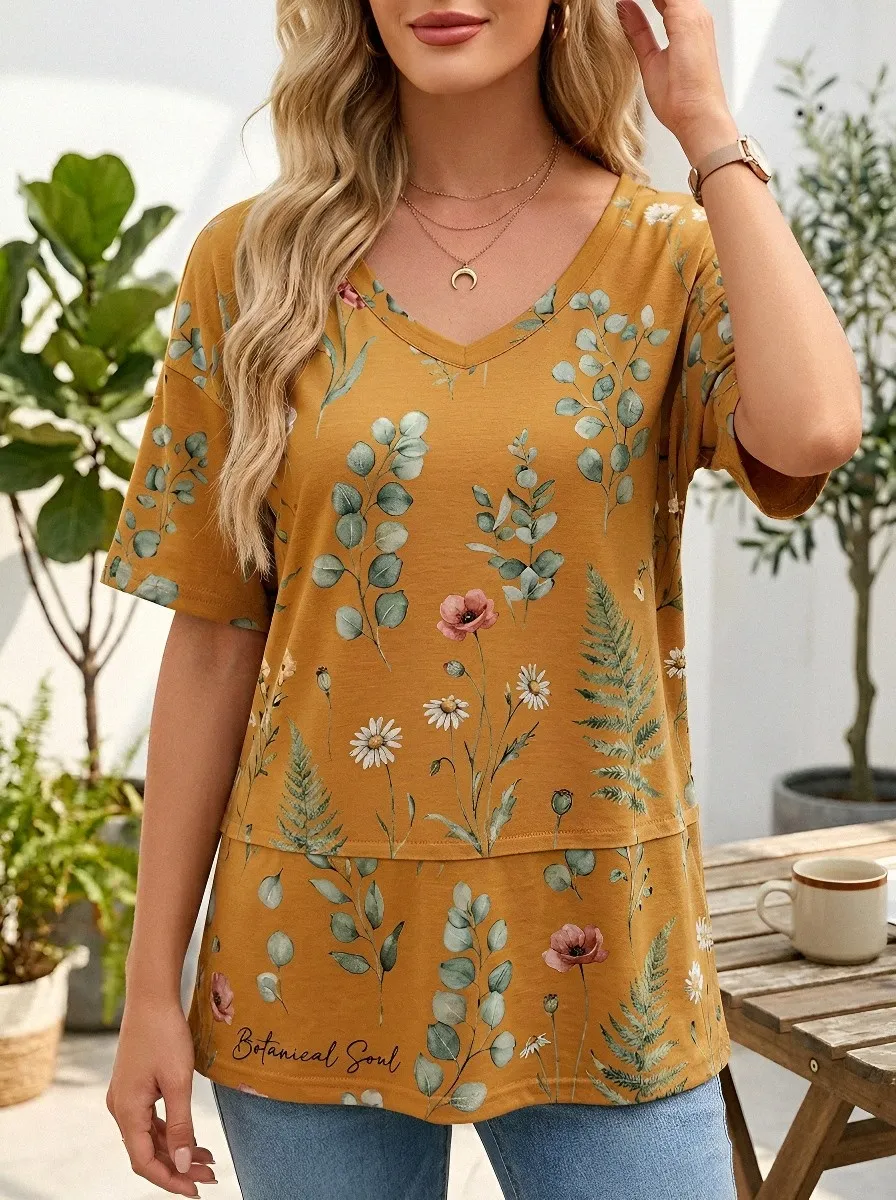 Women's Botanical Soul Floral Fern Printed V-Neck T-Shirt