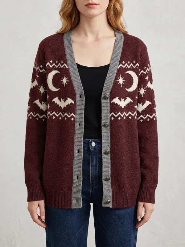 Women's Halloween Gothic Moon Bat Pattern Printed Cardigan