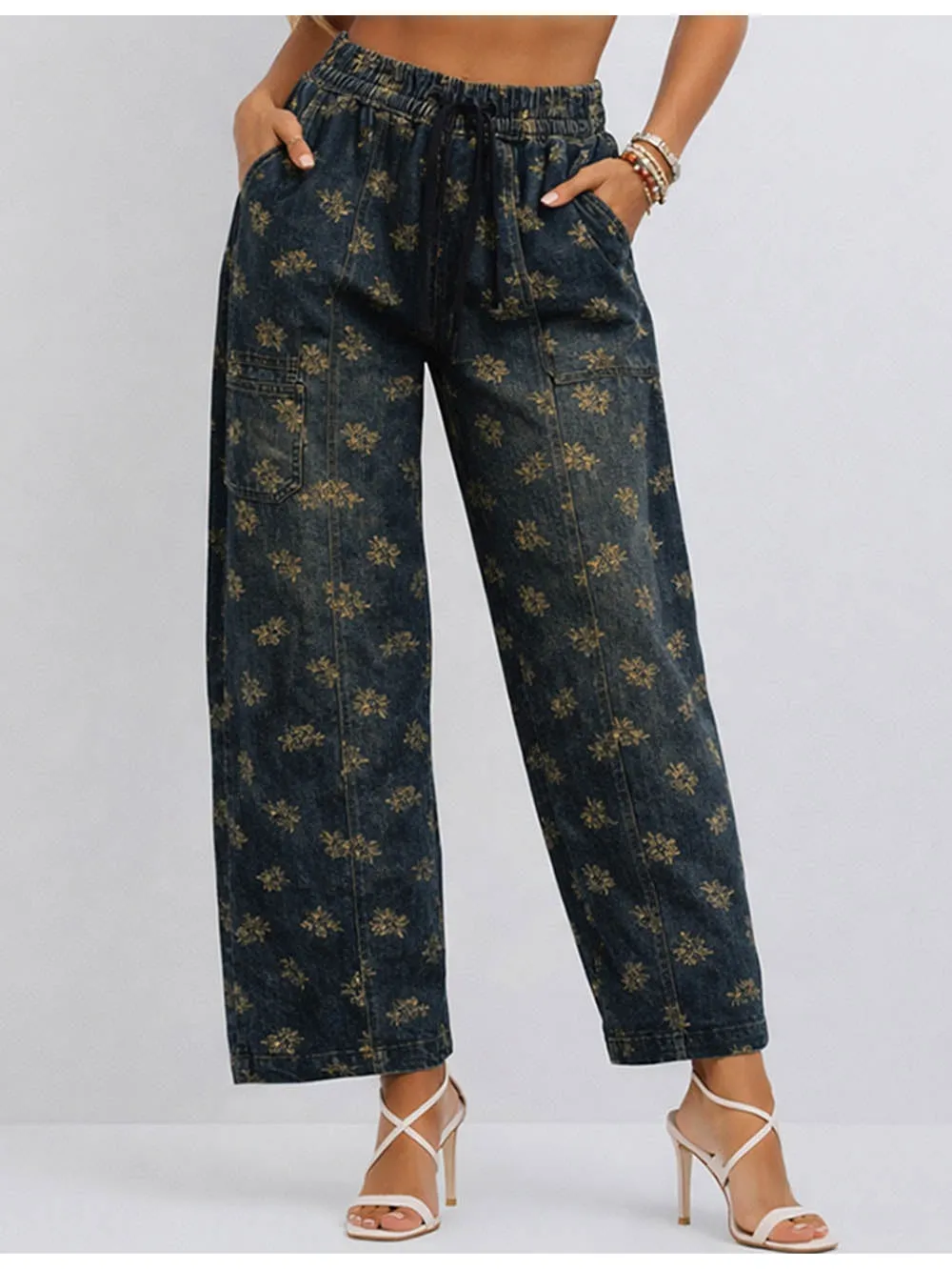 Elastic Waist Barrel Leg Denim Easy Pants