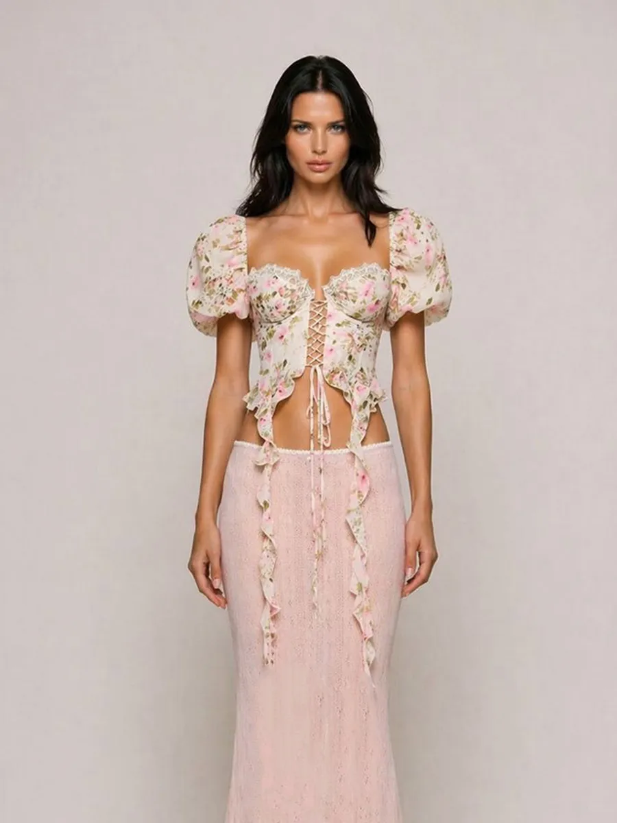 Iliana French-Style Floral Chiffon Top with Square Neckline and Tie Detail