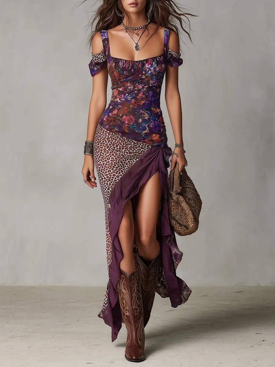Urban Nomad Leopard Print Flower High Slit Maxi Dress
