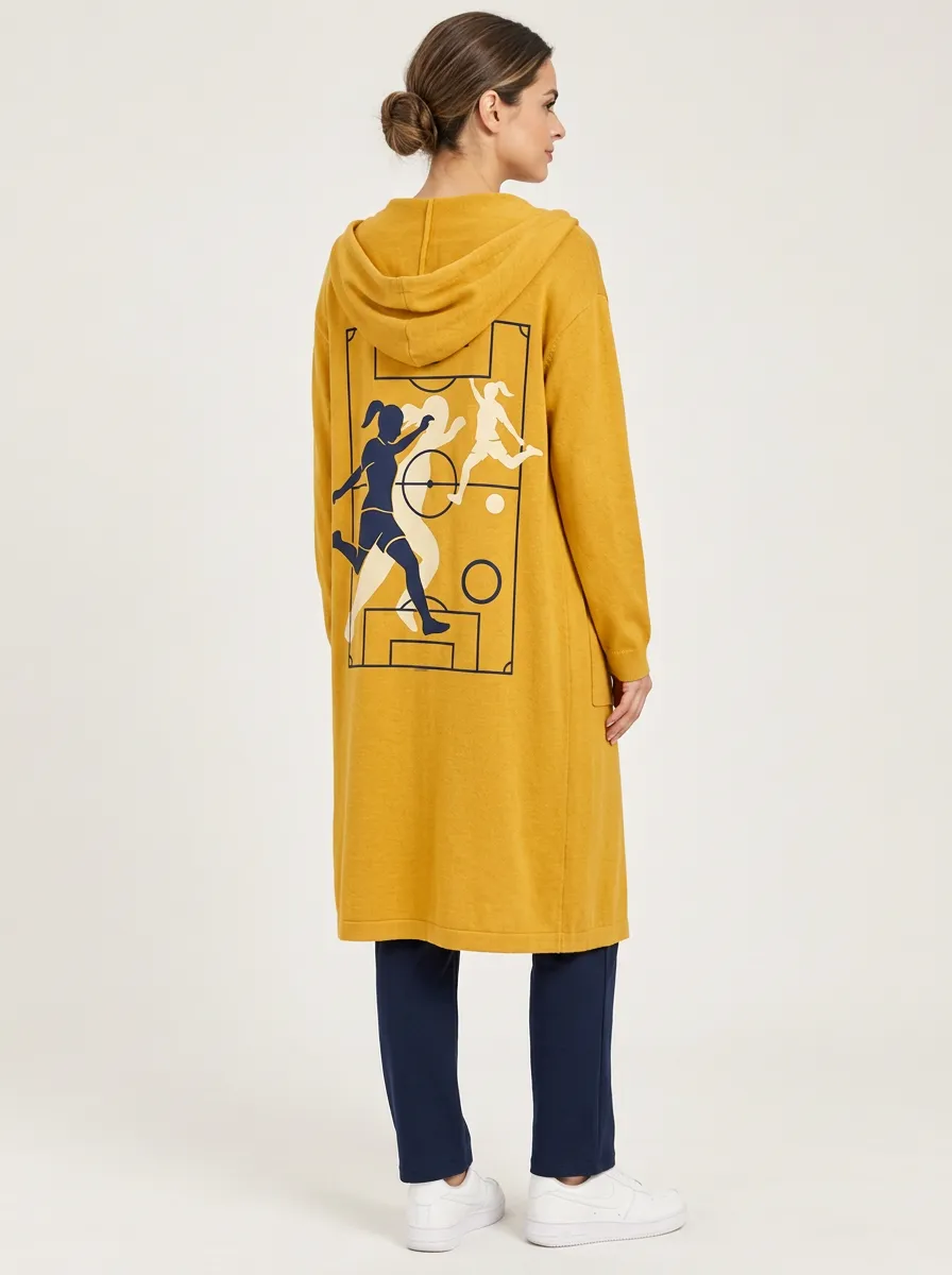 Women's Soccer Field Silhouette Graphic Hooded Long Knitted Cardigan