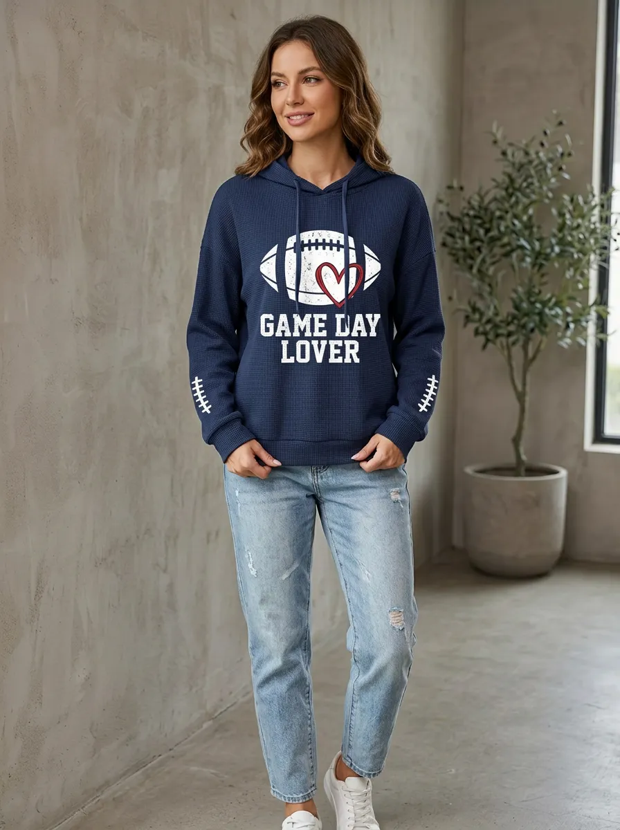 Women's Football Game Day Lover Heart Printed Waffle Hoodie