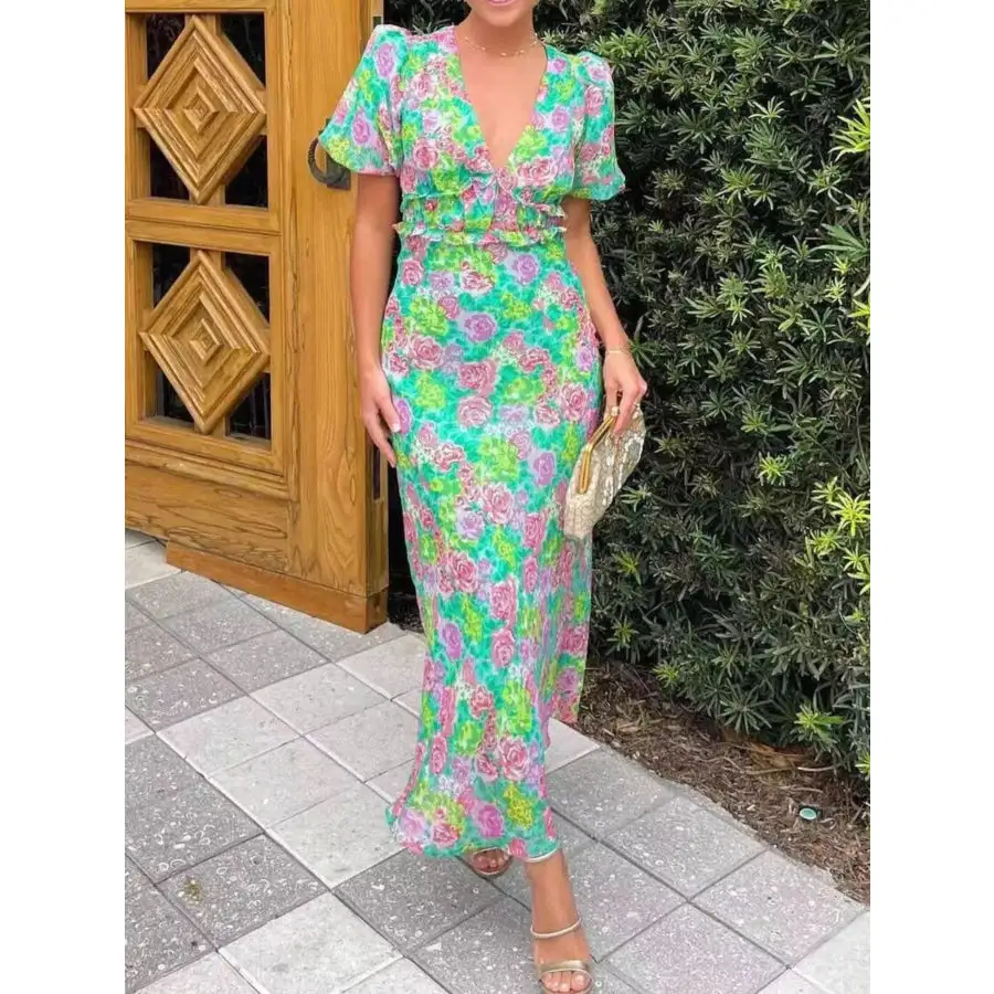V-Neck Puff Sleeve Midi Dress