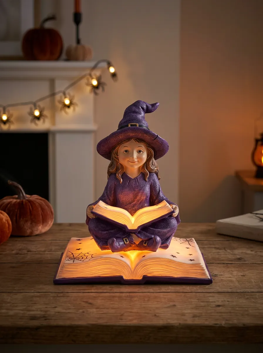 Halloween Witch Reading Book LED Resin Ornament