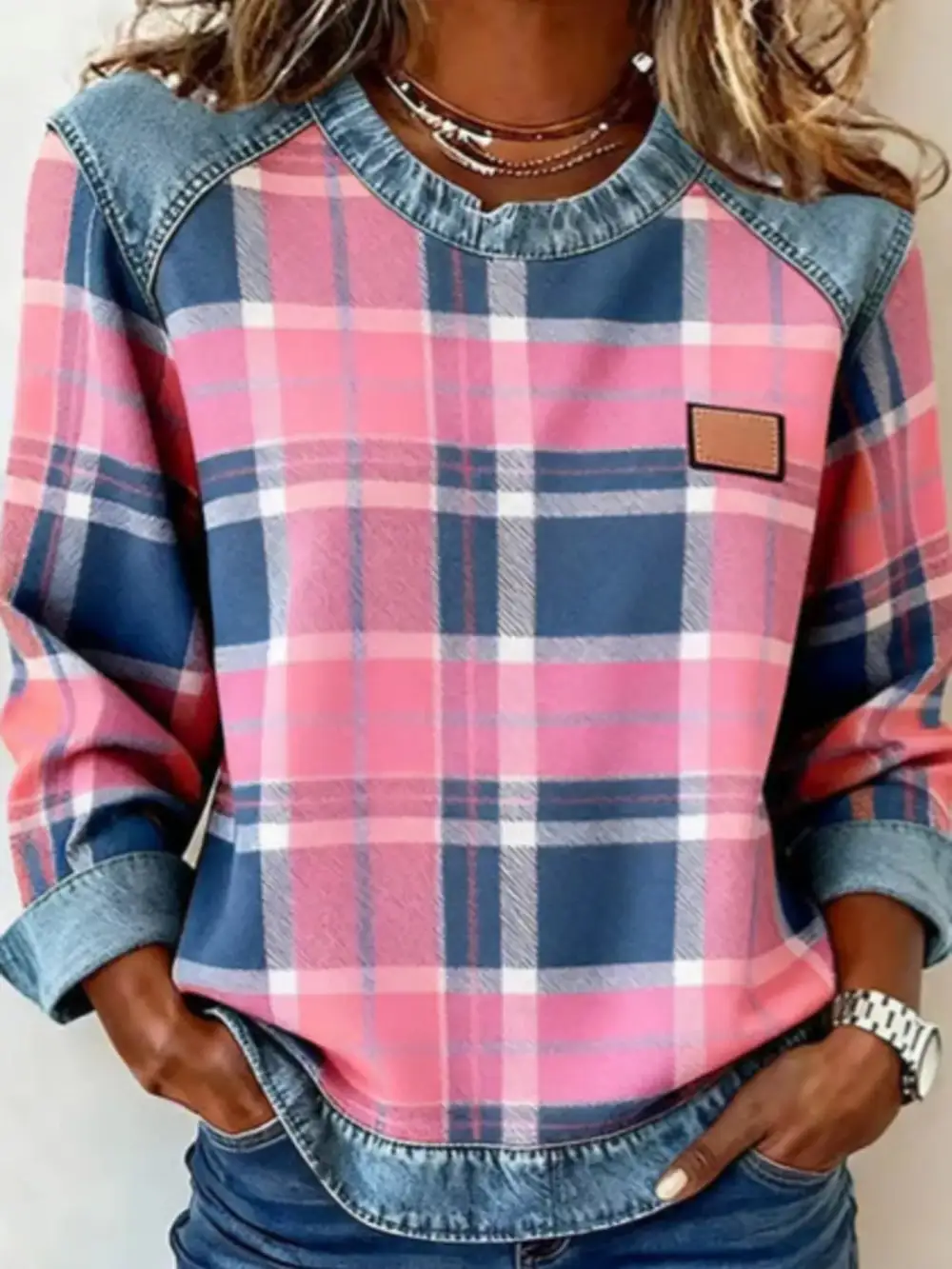 Plaid Denim Trim Long Sleeve Sweatshirt