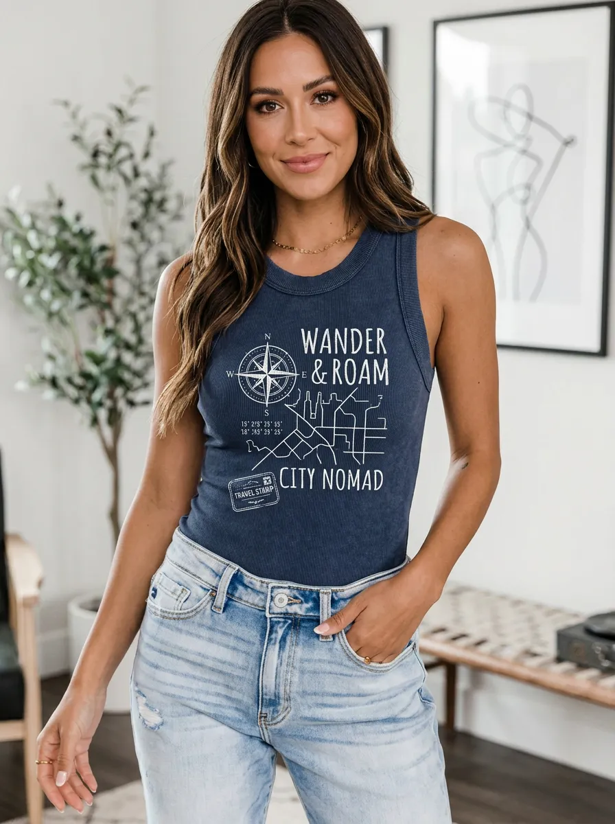 Women's Travel Wander Roam Compass Map Printed Tank Top