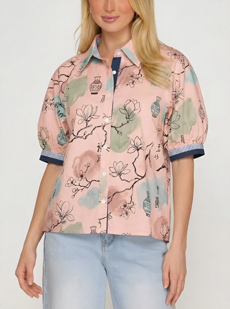 Women's Oriental Vase Floral Ink Wash Printed Blouse