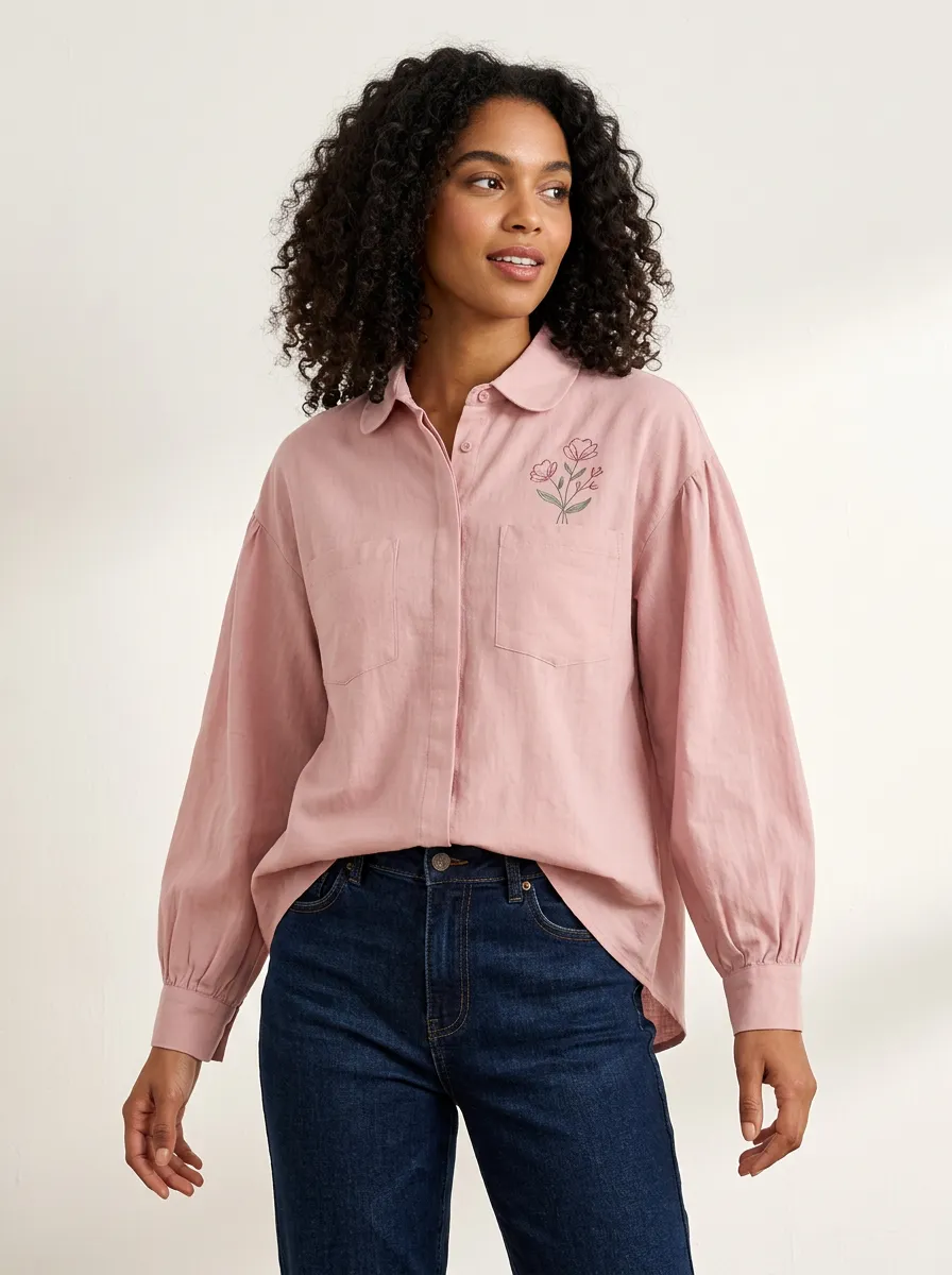 Women's Pink Floral Minimalist Embroidered Printed Shirt