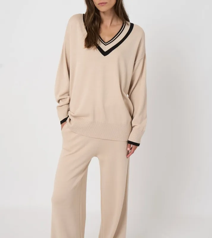 Cotton Striped V-Neck Ribbed Sweater