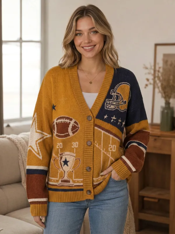 Women's Football Trophy Helmet Knit Knit Cardigan