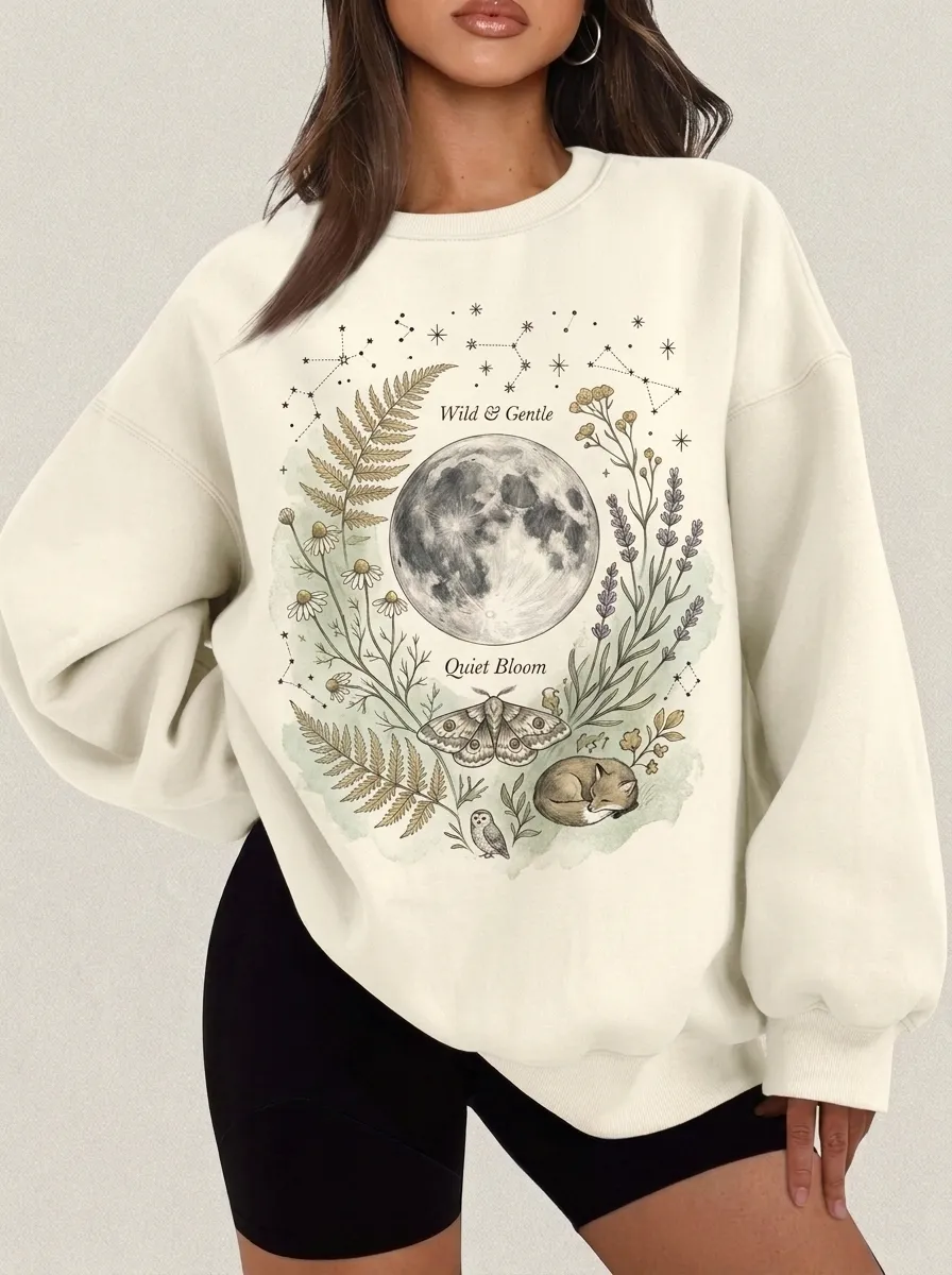 Women's Celestial Nature Lover Moon Moth Fox Printed Sweatshirt