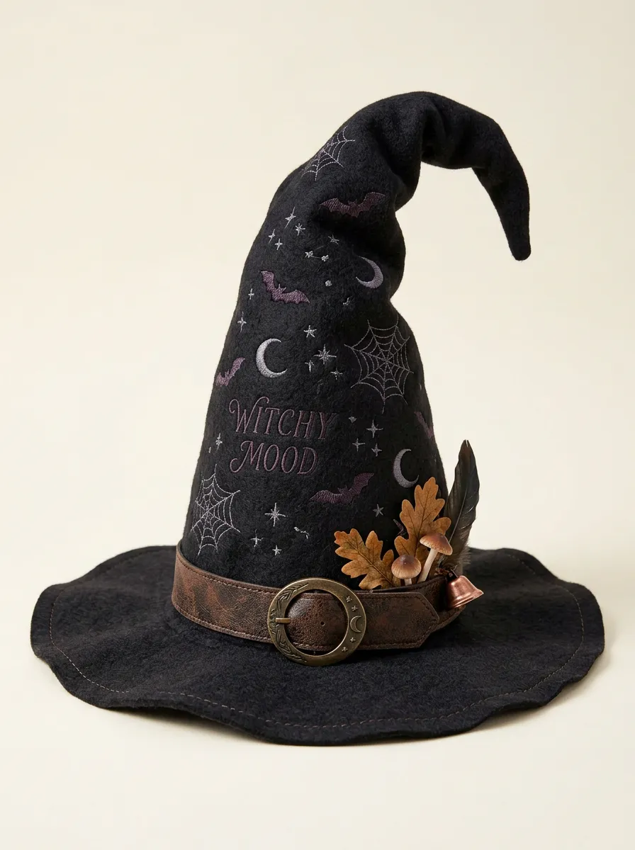 Moon-Bat Spiderweb Embroidered Halloween Witch Hat