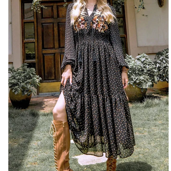 Embroidered Polka Dot Tie Neck Long Sleeve Midi Dress