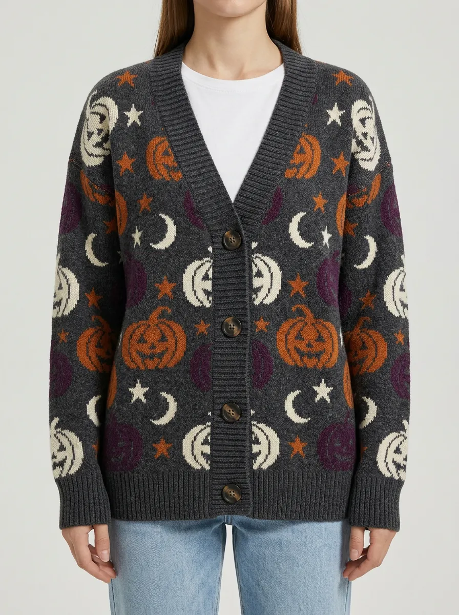 Women's Halloween Pumpkin Moon Star Patterned Knitted Cardigan