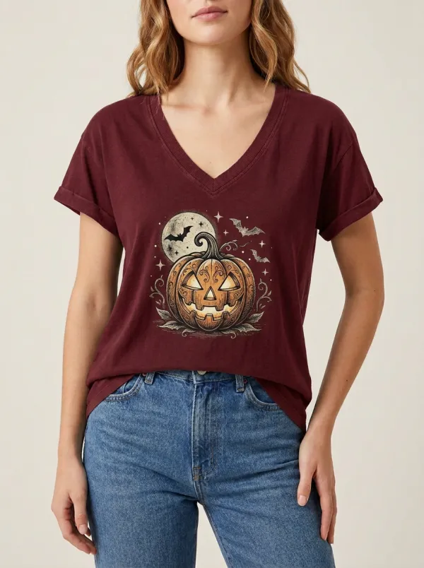 Women's Halloween Pumpkin Moon Bat Printed V-neck T-shirt