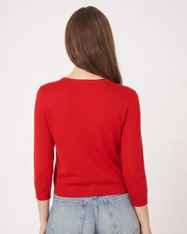 Cotton Button-Front Three-Quarter Sleeve Ribbed Cardigan