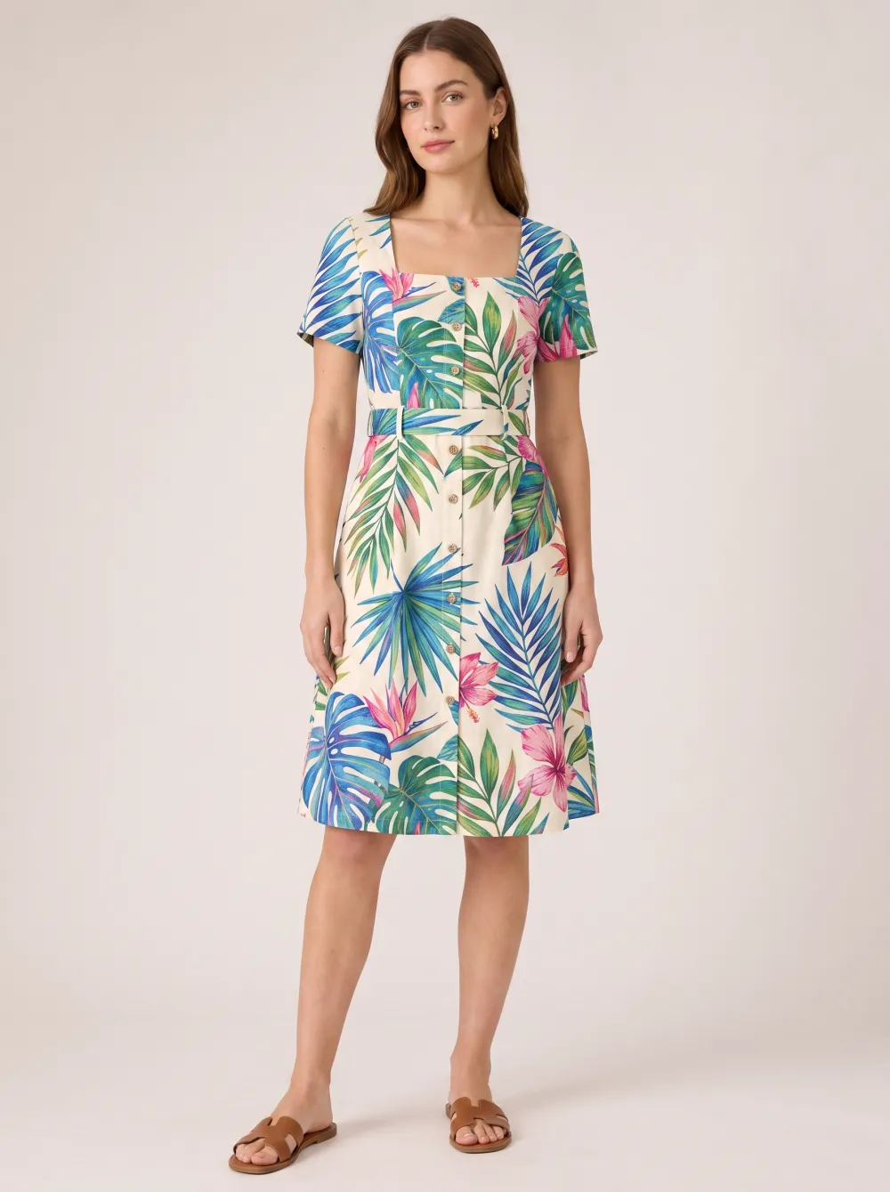 Women's Tropical Vacation Floral Leaf Printed Button-Down Dress