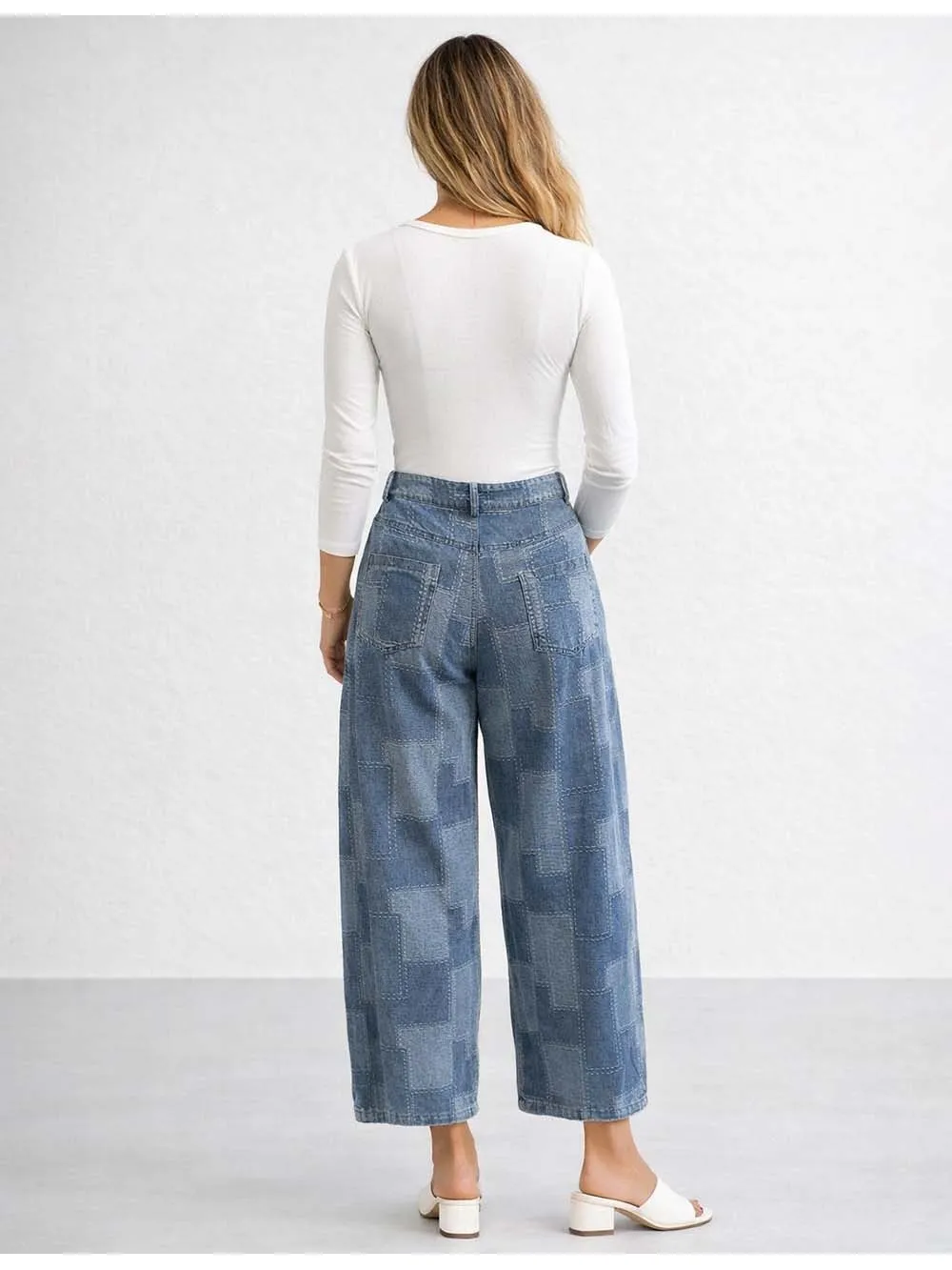 Patch Pattern Button Front Barrel Leg Denim Pants