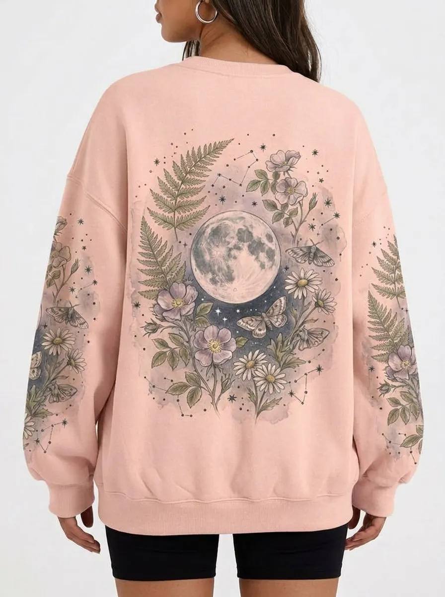 Women's Celestial Moon Moth Floral Printed Sweatshirt
