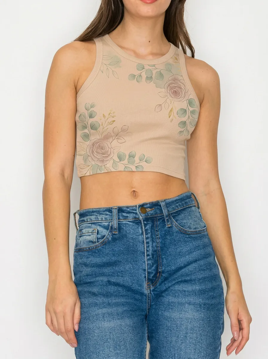 Women's Floral Botanical Rose Printed Ribbed Tank Top