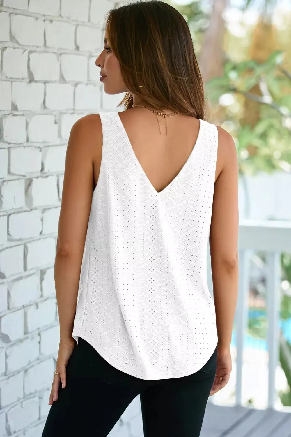 Eyelet Knit Patterned Loose V Neck Tank