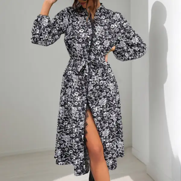 Women's Shirt Floral Belted Dress