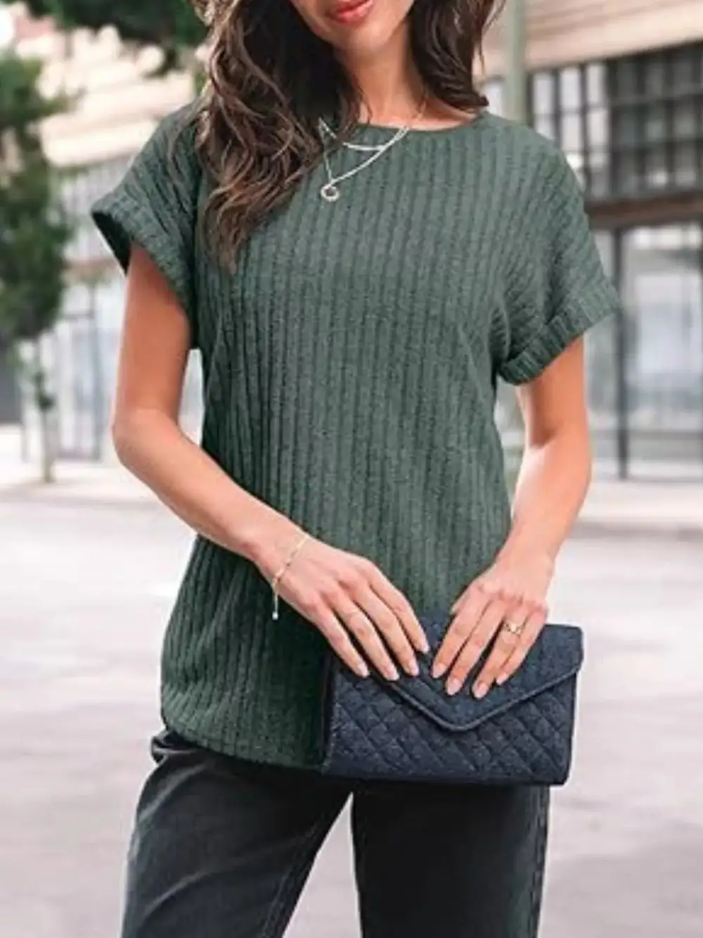 Casual Ribbed Knit Short Sleeve T Shirt