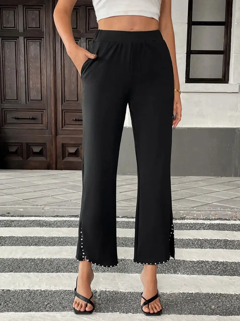 Pearl Embellished Cropped Wide Leg Pants