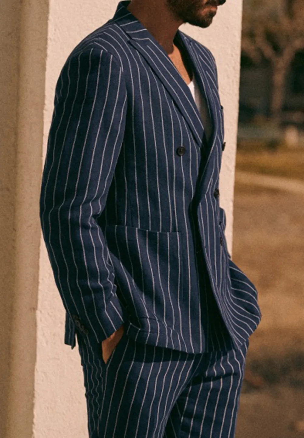 Blue White Stripe Tailored Two-Piece Suit Jacket