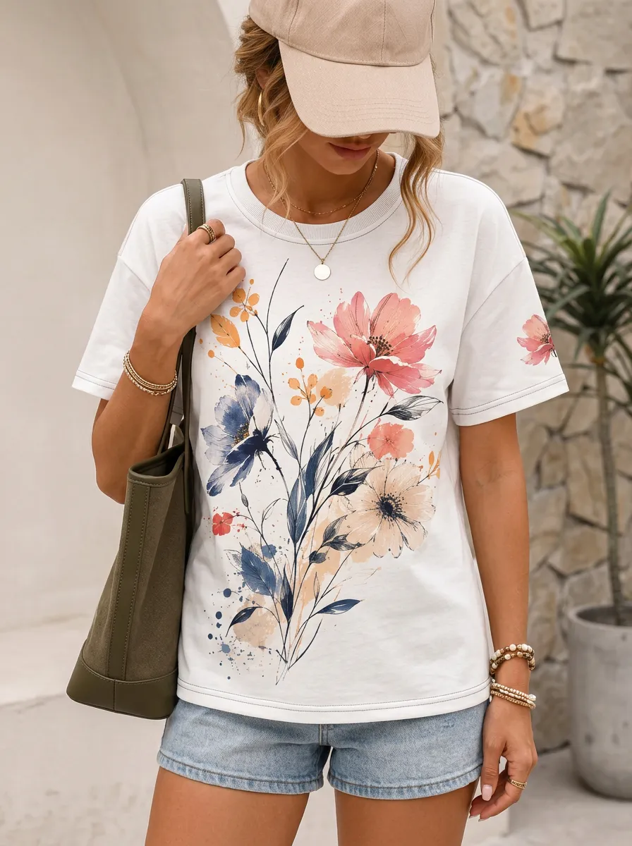 Women's Botanical Watercolor Blossom Graphic T-Shirt