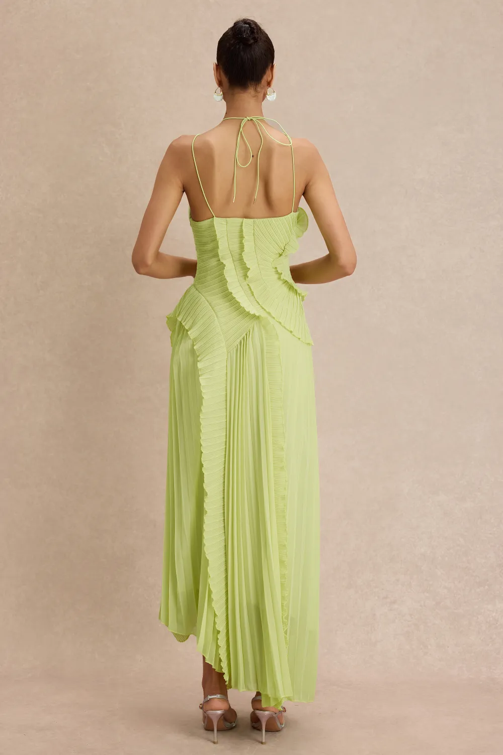 Pleated Frill Halter Neck Midi Dress
