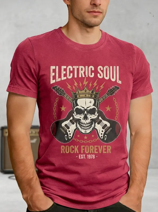 Men's Rock Music Skull Guitar Crown Printed T-shirt