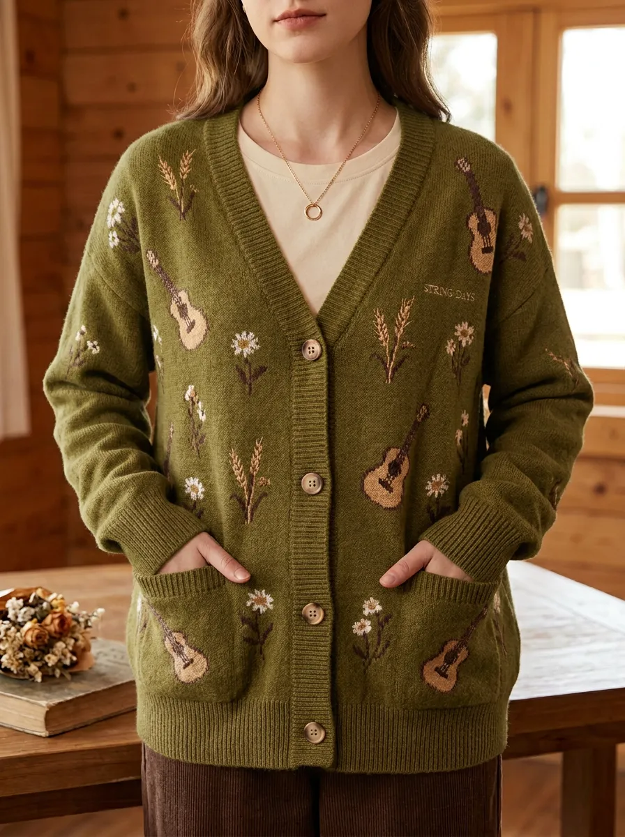 Americana Guitar Floral Country Music Cardigan