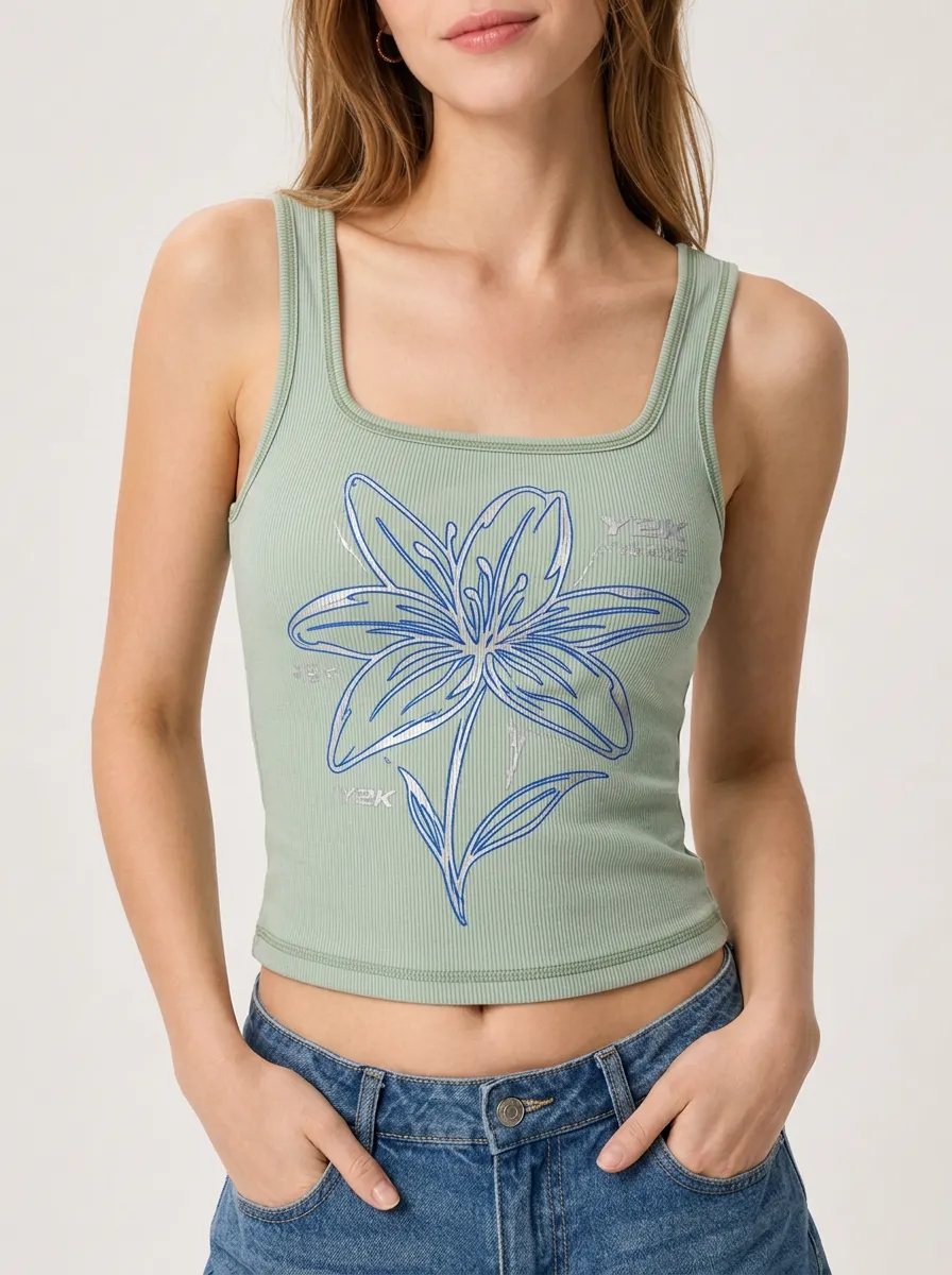 Women's Y2K Aesthetic Lily Flower Printed Ribbed Tank Top