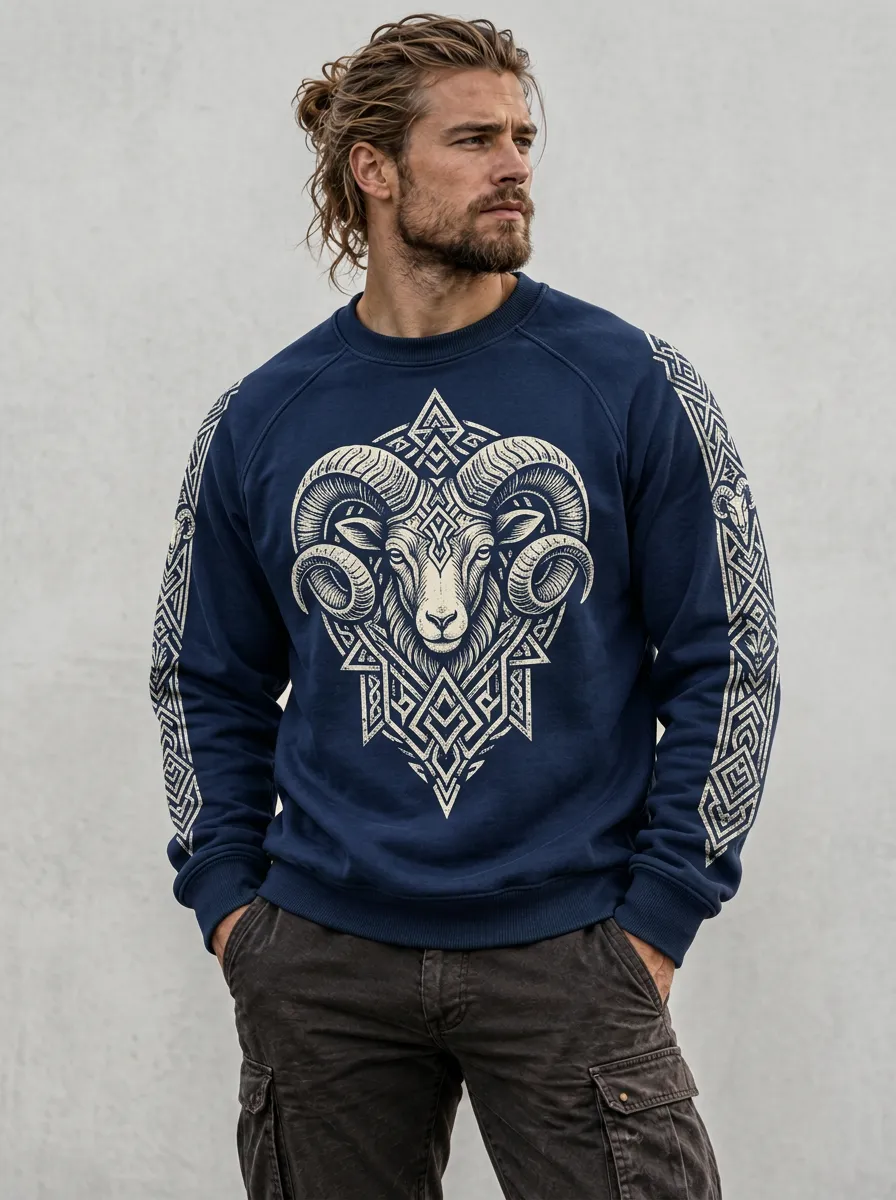 Men's Viking-Inspired Ram Geometric Crewneck Sweatshirt