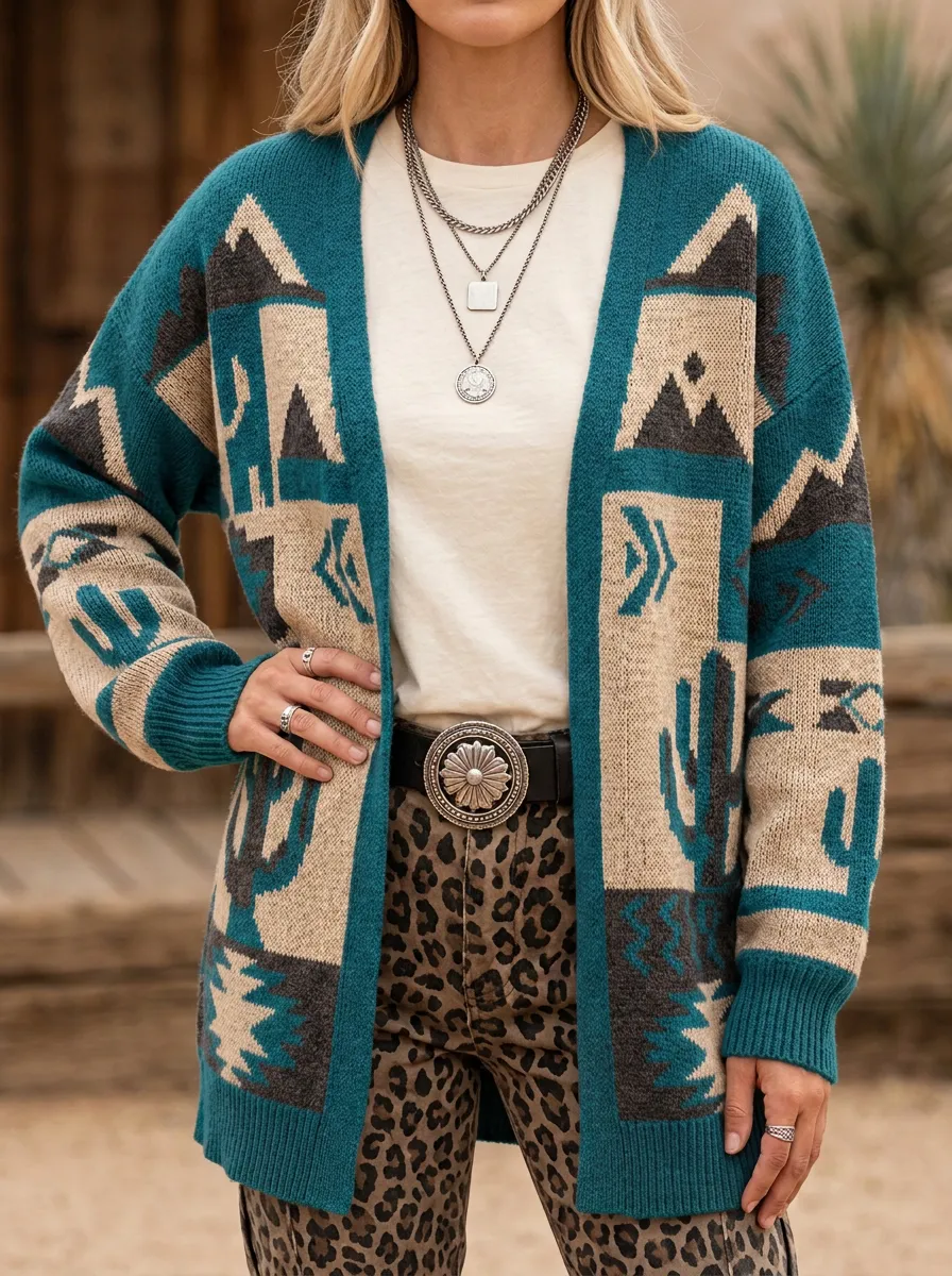 Women's Western Style Cactus Geometric Pattern Knitted Cardigan