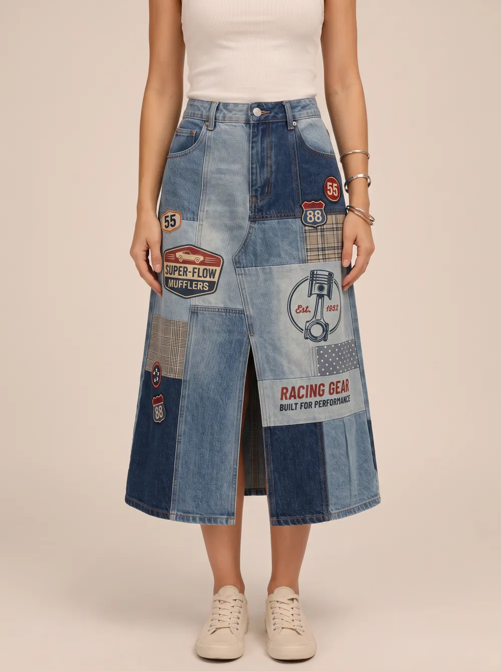 Women's Racing Car Enthusiast Patchwork Printed Denim Midi Skirt