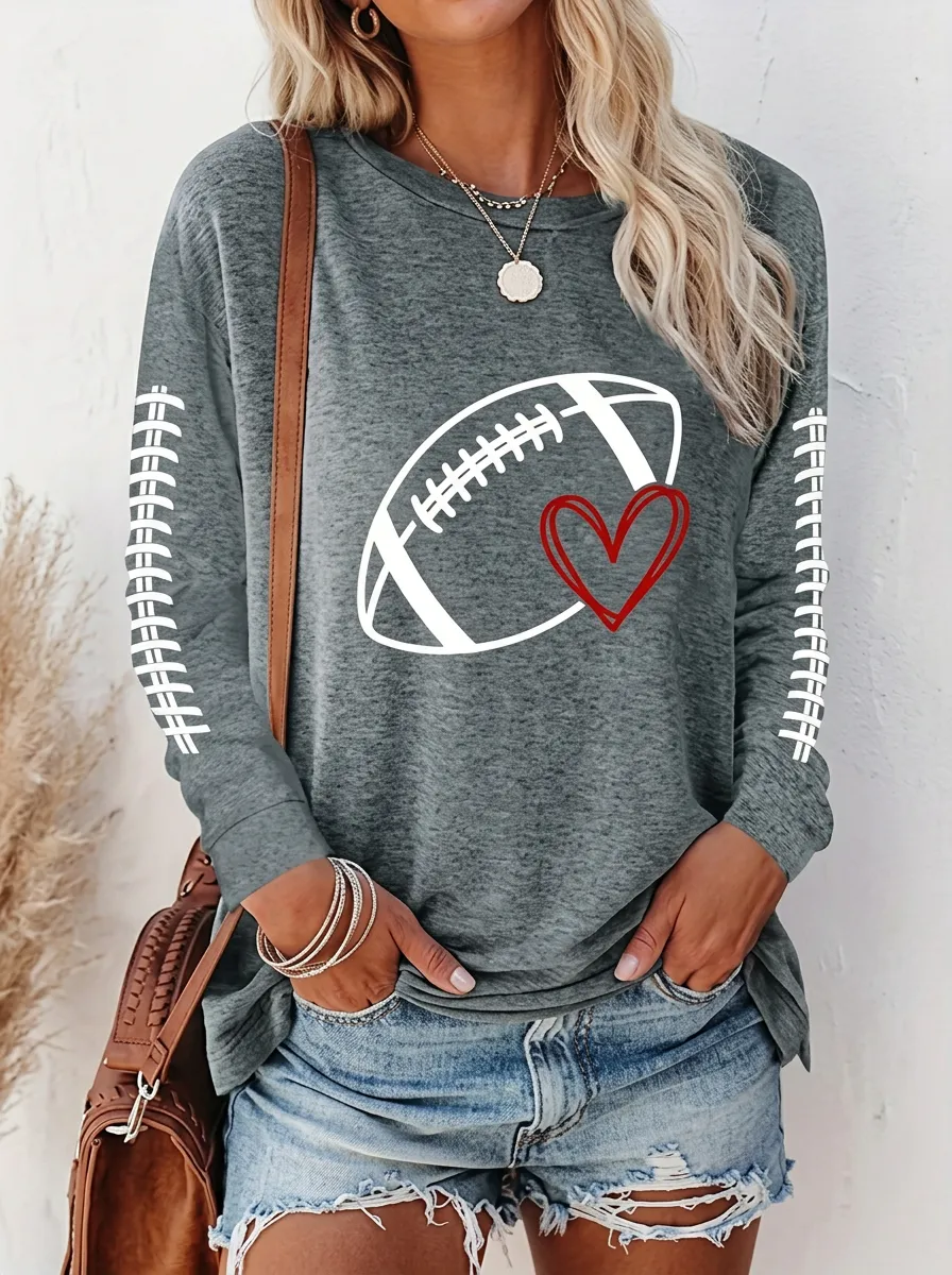 Women's Football Ball Heart Long Sleeve Graphic T-Shirt