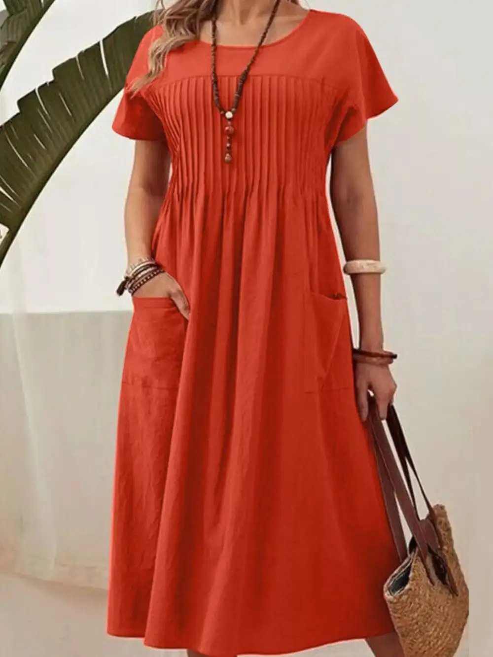 Full Size Round Neck Short Sleeve Midi Dress Plus Size