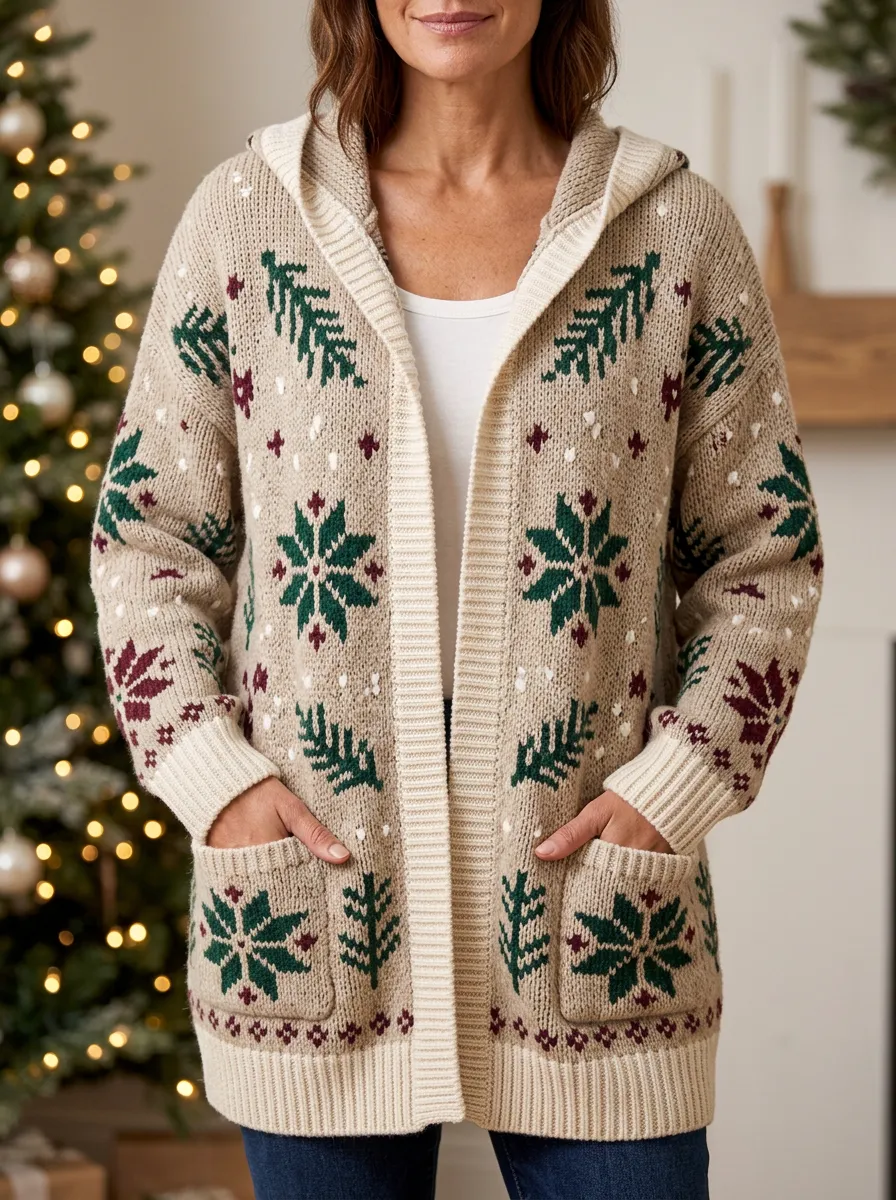 Christmas Snowflake Pine Tree Pattern Print Hooded Cardigan