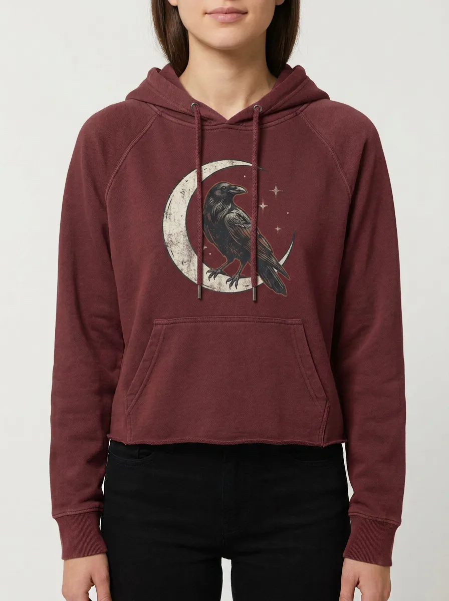 Women's Halloween Gothic Raven Moon Printed Crop Hoodie
