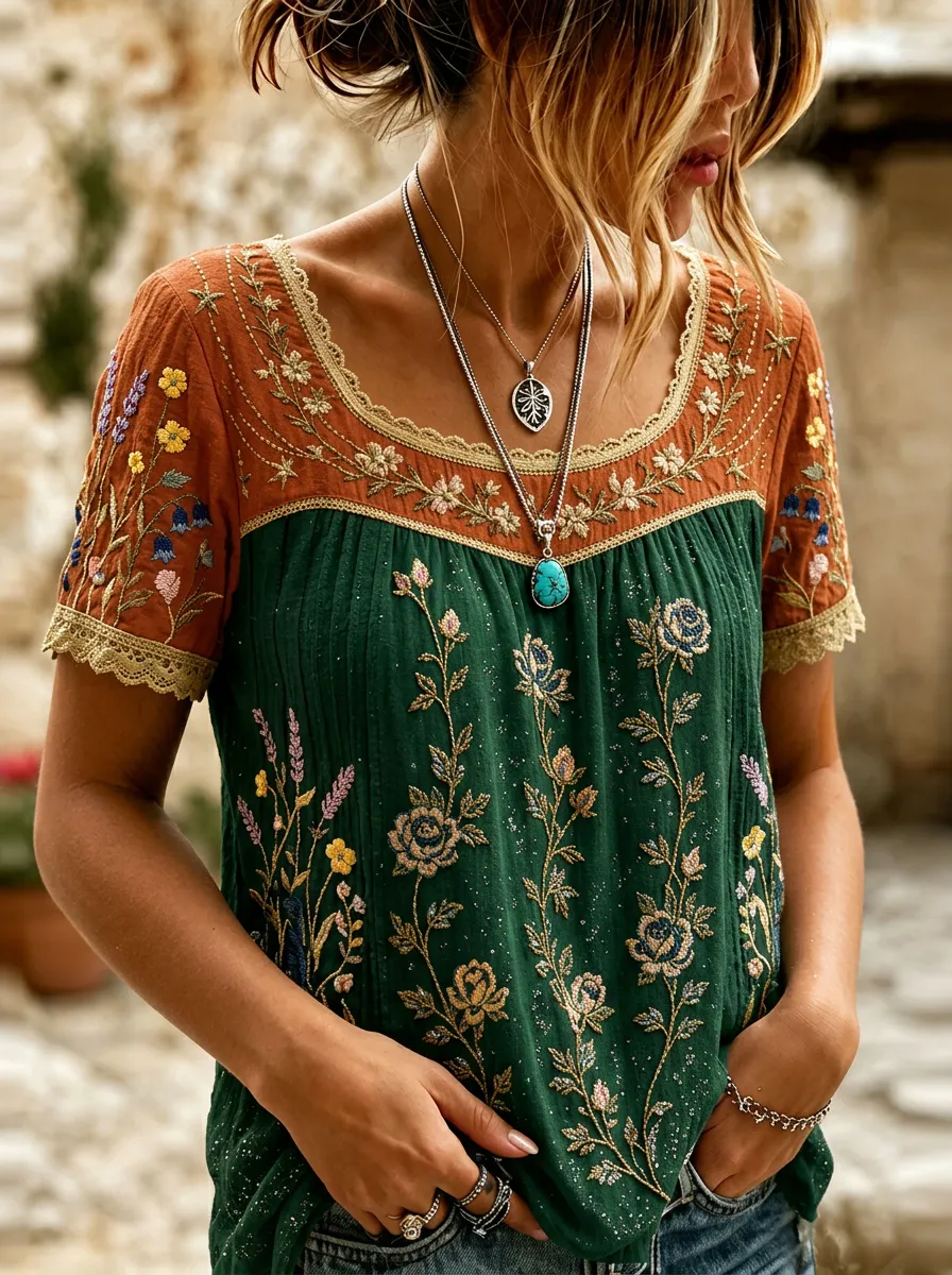 Women's Boho Floral Embroidered Vintage Printed T-shirt