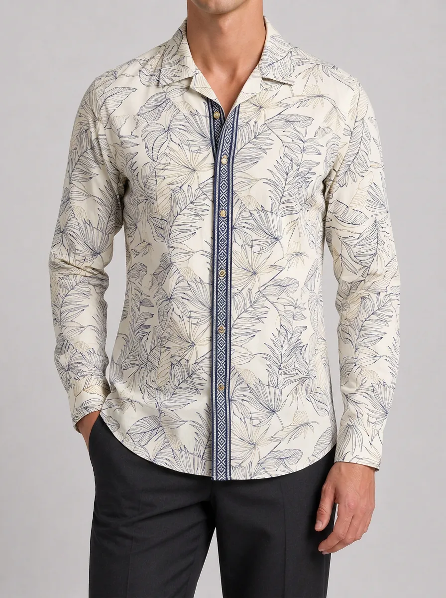 Men's Tropical Leaf Pattern Geometric Trim Printed Shirt