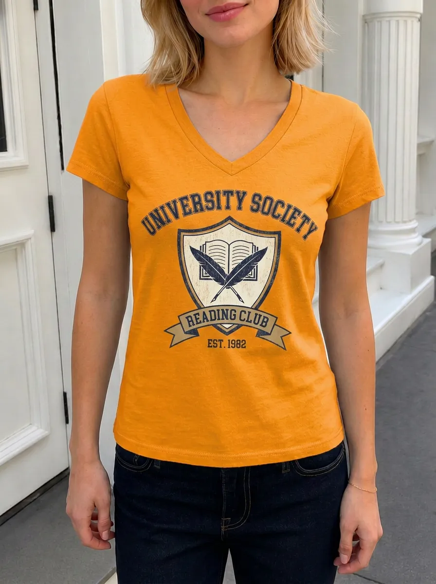 Women's University Reading Club Book Quill Shield Printed V-Neck T-Shirt